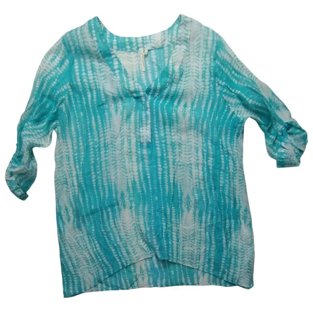 Grand & Greene Blue and White Tunic with Cuffed Sleeves and Mandarin Collar
